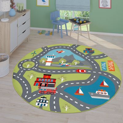 Kinder-Teppich, Spiel-Teppich Für Kinderzimmer, Mit Straßen-Motiv, In Grün Größe Ø 200 cm Rund