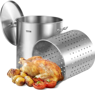 Immagine prodotto di Pentola per zuppa VEVOR in acciaio inox, pentola di grande capacità da 60,5 L, pentola per zuppa con cesto e coperchio e manico, pentola per zuppa di qualità commerciale, trattamento di levigatura