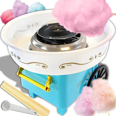 A cotton candy machine with colorful cotton candy and accessories.