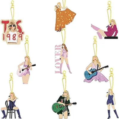 Productafbeelding van Diamantverfijnselset sleutelhangers, 9 stuks, 5D, knutselprojecten, cadeaus, 7 x 7 cm
