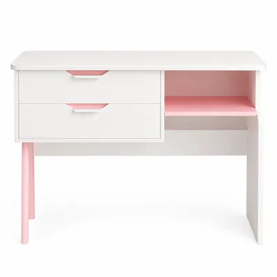 Immagine prodotto di Moderna scrivania per bambini da 90 cm, bianca e rosa, con 2 cassetti e un ripiano