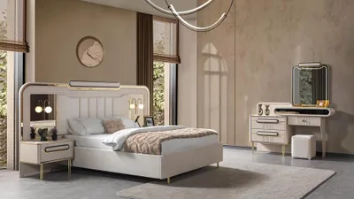 Image de Lit, 2 tables de chevet, commode, chambre à coucher, style moderne, couleur blanche, pratique