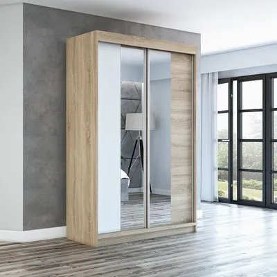Produktbild von Schwebetürenschrank, 2-türig Schrank mit Spiegel! Moderne Garderobe für Kleidung. Verschiedene Farben (Weiß, Schwarz, Somona) Kleiderschrank NEO 120 cm