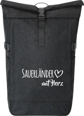 Produktbild von Huuraa Kurierrucksack Sauerländer mit Herz 30-44 Liter Black Melange Fairtrade Rolltop Rucksack Geschenkidee