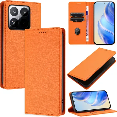 Produktbild von Litchi Leder Handyhülle für Xiaomi 15T Wallet Kartenfächer Standfunktion Hülle Orange