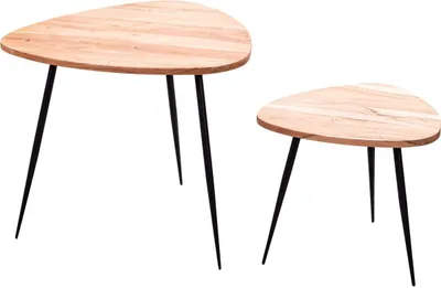Produktbild von 2er Set Satztisch Akazie Massivholz / Metall Couchtisch Klein, Design Beistelltisch Set Zwei Holz-Tische, Wohnzimmertisch Tisch Metallgestell