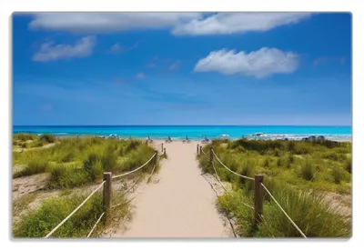 Produktbild von Wallario Frühstücksbrettchen aus Glas 20 x 30 cm mit rutschfesten Füßen, Motiv Sandweg zum blauen Meer mit blauem Himmel
