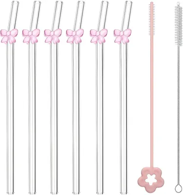 Productafbeelding van Glasstrohhalme met motief - 6 stuks roze strikjes rietjes + 2 reinigingsborstels - Herbruikbare glazen rietjes voor feest en dagelijks gebruik