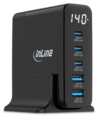 Produktbild von InLine USB PD Netzteil, GaN Ladegerät, 5-Port, USB-C + USB-A, 140W, mit Display, Drinnen, AC, 20 V, Schwarz