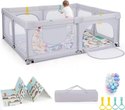 Produktbild von COSTWAY Baby-Laufstall mit Matte, 189 x 158 cm Laufgitter Spielzaun für Kleinkinder von 0–3 Jahren Hellgrau