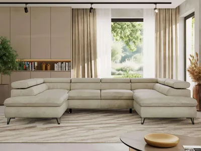 Produktbild von Ecksofa mit Schlaffunktion, Bettkasten, U-form, einstellbare Kopfstützen, Wohnzimmersofa - PABLO U - Velvet - Beige