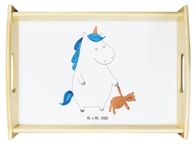 Produktbild von Mr. & Mrs. Panda Holztablett Einhorn Teddy - Weiß - Geschenk, Unicorn, Tablett, Freundin, Deko, Serviertablett, für bett, Einhörner, Sofa, Gute Nacht, holz, schlafen