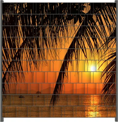 Produktbild von Wallario Zaunsichtschutz mit Motiv Sonnenuntergang unter Palmenblättern für Ein- und Doppelstabmatten Zäune in der Größe 200 x 200 cm