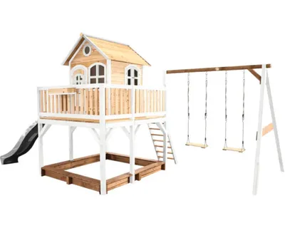 Produktbild von AXI Spielhaus Liam mit Sandkasten, Doppelschaukel & grauer Rutsche | Stelzenhaus XXL in Braun & Weiß aus Holz für Kinder | Spielturm mit