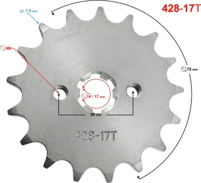 Produktbild von Abtriebsritzel 17 Zähne Kettentyp 428 für Barton Fighter 50cm Moped 14/17mm Verzahnung