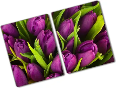 Produktbild von Tulup Glas Herdabdeckplatte - 2x40x52 cm - Glaskeramikkochfeld-Abdeckung Spritzschutz Glasabdeckplatte Kochplattenabdeckung und Schneidebrett - Zweiteilig - Blumen & Pflanzen - Lila Tulpen - Lila