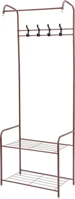 Obrázek produktu pro Věšák na oblečení – volně stojící věšák – dvě police – čtyři háčky – kov – rozměry 57 × 30 × 165 cm – nosnost cca 15 kg – kávově hnědá barva