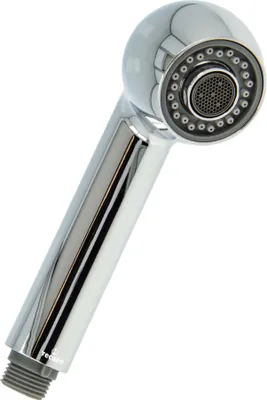A chrome-plated kitchen spray head for a faucet.