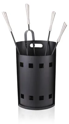 Zdjęcie produktu dla Zestaw akcesoriów kominkowych Relaxdays, 5-częściowy, w wiadrze: pogrzebacz, łopatka do popiołu, miotła, szczypce, zestaw kominkowy, czarny/srebrny