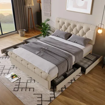 Produktbild von okwish Polsterbett 140x200cm Doppelbett Bettgestell mit 4 Schubladen und Höhenverstellbarem Kopfteil （ohne Matratze)