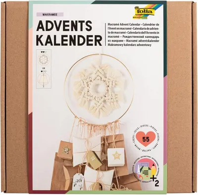 Produktbild von folia 9386 - Adventskalender-Set "Makramee", 55-teiliges DIY Bastel-Set zur Gestaltung eines individuellen Adventskalenders mit trendigem Makramee-Element