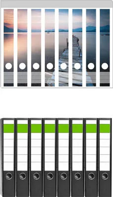 Produktbild von Wallario 8 Stück schmale Ordner inkl. Klebeetiketten mit Motive Steg am See- Idylle bei Sonnenuntergang -  Set mit Rückenschildern / Ordnerrücken Stickern