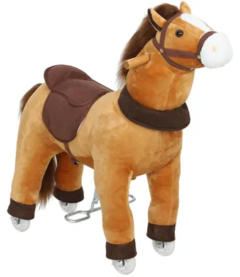 Image de Cheval à bascule marron sur roues, pour enfants de 3 à 5 ans | Couleur : Marron | Dimensions : 28 x 70 x 75 cm