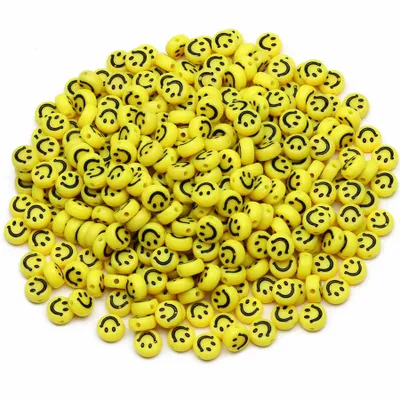 Image de Perles décoratives, environ 100 pièces, de forme ronde, de 7 x 4 mm, de couleur jaune, avec des motifs de visages souriants