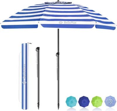 Produktbild von Grandekor Sonnenschirm Strand Windfest Stabil 180 cm Blaue weiße Streifen Sonnenschirm mit Bodenhülse & Schutzhülle 30° knickbar Sonnenschirm klein Rund Strandschirm Gartenschirm Sonnenschutz UV50+