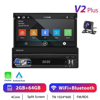 Image de Autoradio - Récepteur multimédia Android 1-DIN - Écran tactile de 17,8 cm - Android 13 - 2 Go + 64 Go - CarPlay sans fil - Entrée caméra AHD - GPS, Wi-Fi, RDS