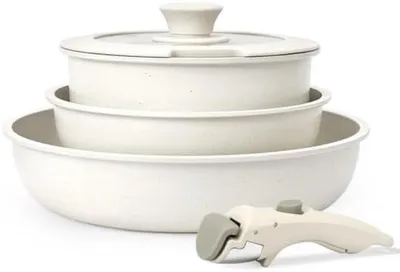 Produktbild von PolkaHome® 5-teiliges Pfannenset mit abnehmbarem Griff, Induktion, Granitbeschichtung, /-frei, weiß