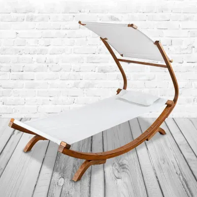 Produktbild von PureHaven Loungebett mit Sonnendach 220x84x135cm für 1 Person massiv Holzrahmen Kopfkissen Gartenliege langlebig witterungsbeständig Farbe Creme
