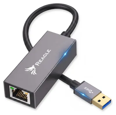 Produktbild von USB Ethernet Adapter Gigabit LAN RJ45 1000 Mbps Netzwerkadapter Reagle USB 3.2 Gen 1 für Laptop PC MacBook Stabiles Internet Aluminium Silber Schwarz