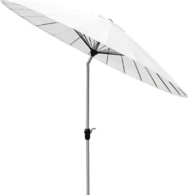 A white patio umbrella is shown against a white background.