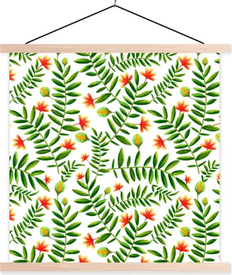 Produktbild von MuchoWow® Textilposter Blumen - Dschungel - Design 120x120 cm mit holzfarbenen Rahmen - Textil-Poster