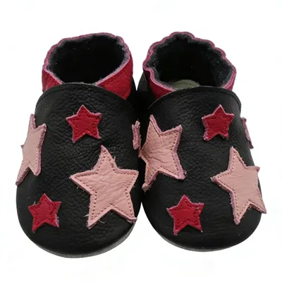 Produktbild von MEJALE® Baby Krabbelschuhe aus Echtleder, weiche Lauflernschuhe für Mädchen&Jungen, rutschfeste Ledersohle, Schwarz, rosa Stern, Größe M (6–12 Monate)