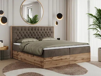 Produktbild von MKS MEBLE Boxspringbett 160x200 mit Bettkasten Eiche, Polsterbett 160x200 mit Matratze H3, Bett 160x200 mit Kopfteil, Bett mit Holzrahmen in Wotan Eiche - Braun Velvet - Amore