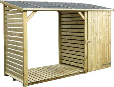 A wooden log store with an attached storage cabinet.