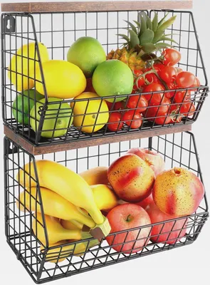 Produktbild von 2 Stück Obstkorb Hängend Schwarz, 30x21x16cm Obstschale Hängekorb Küche, Hängender Obstkorb mit Holzdeckel Zur Aufbewahrung von Gemüse, Obst und Snacks