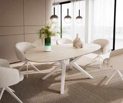 Produktbild von DELIFE Esstisch Edge Oval 220x120 Keramik Laminam®Travertino Bianco Creme-Weiß? Zenthara kantig Metall Weiß