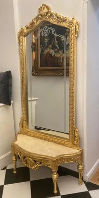 Produktbild von Casa Padrino Barock Spiegelkonsole mit Marmorplatte Gold / Creme - Prunkvolle Barock Konsole mit Spiegel - Garderoben Möbel Barockstil - Barock Möbel - Antik Stil Möbel - Edel & Prunkvoll