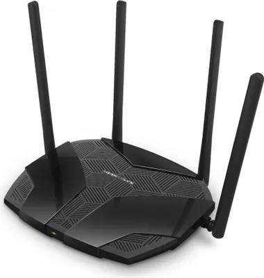 A black Mercusys router with four antennas is shown against a white background.