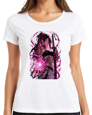 Produktbild von Anime Mädchen Katana Pinke Magie Tattoo Drache Japan Y2K Otaku Damen T-Shirt, Weiß, S