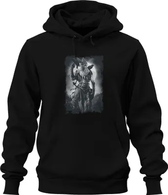 Obrázek produktu pro Viking Warrior Raven Odin Norse Mythology Moon Runes Uni mikina s kapucí, černá, XL
