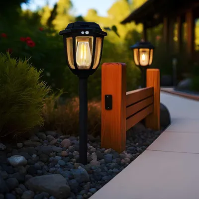 Imagen del producto de Lámpara solar SOLARA RUSTICA LED para jardín, con sensor de movimiento, 1W, luz blanca cálida, tipo estaca para jardín