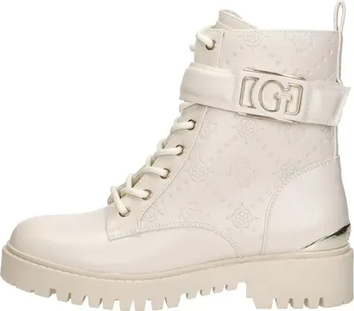 A studio shot of a single white boot.