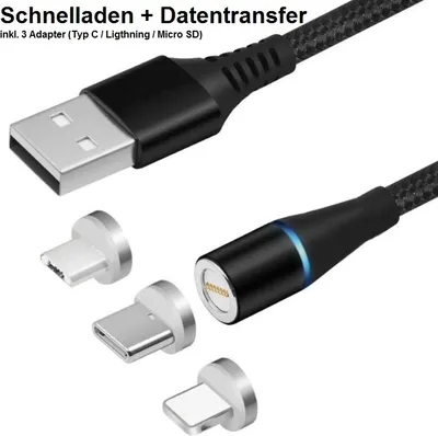 A USB charging cable with magnetic adapters for different device ports.