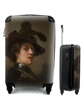 Produktbild von MuchoWow® Koffer Handgepäck Trolley Rollkoffer Kleine Reisekoffer mit 4 Rollen - Tronie eines Mannes mit gefiederter Baskenmütze - Rembrandt van Rijn - Cabin Size < 55x40x23 cm & 55x40x20 cm - Fotokoffer - Kabinenkoffer - Boardgepäck - Reise-Box - Reisekoffer - Reisegepäck - Koffer mit Bild - Trolley für Kinder