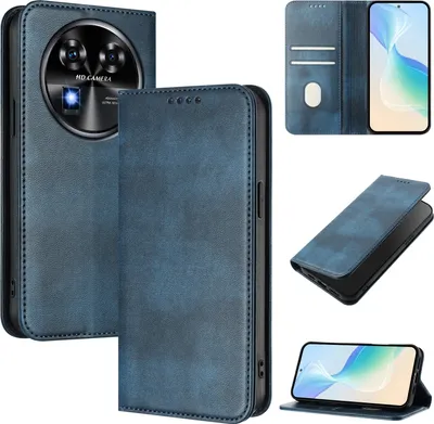 Produktbild von Handyhülle für Oukitel C37, Vintage Leder RFID Schutz Kartenfach Standfunktion Magnetische Klapphülle Blau