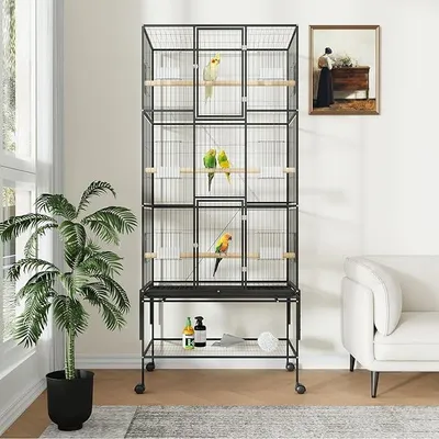Produktbild von Vogelkäfig groß, 81x47x175cm Vogelvoliere mit 360° Rollen, Sitzstangen, Futternapf und Schmutzwanneneinsatz, Metall Voliere Indoor Outdoor, Zuchtkäfig für Papageien Wellensittich Nymphensittich
